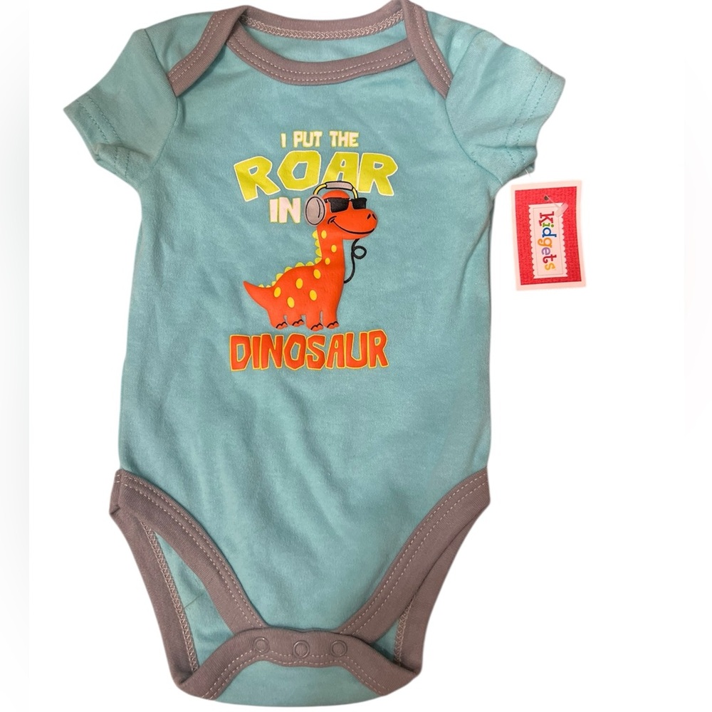 Kidgets onesie new with tags size 3-6 mos Aqua and Gray Dinosaur with Roar